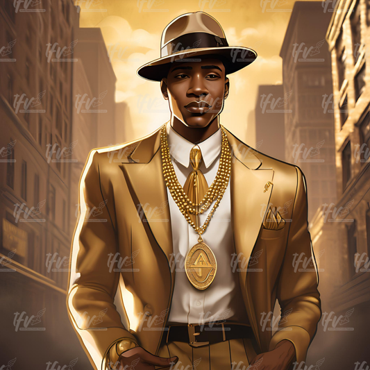 Alpha Phi Alpha Man Wearing Tan Suit and Jewelry Inspired Digital Illustration