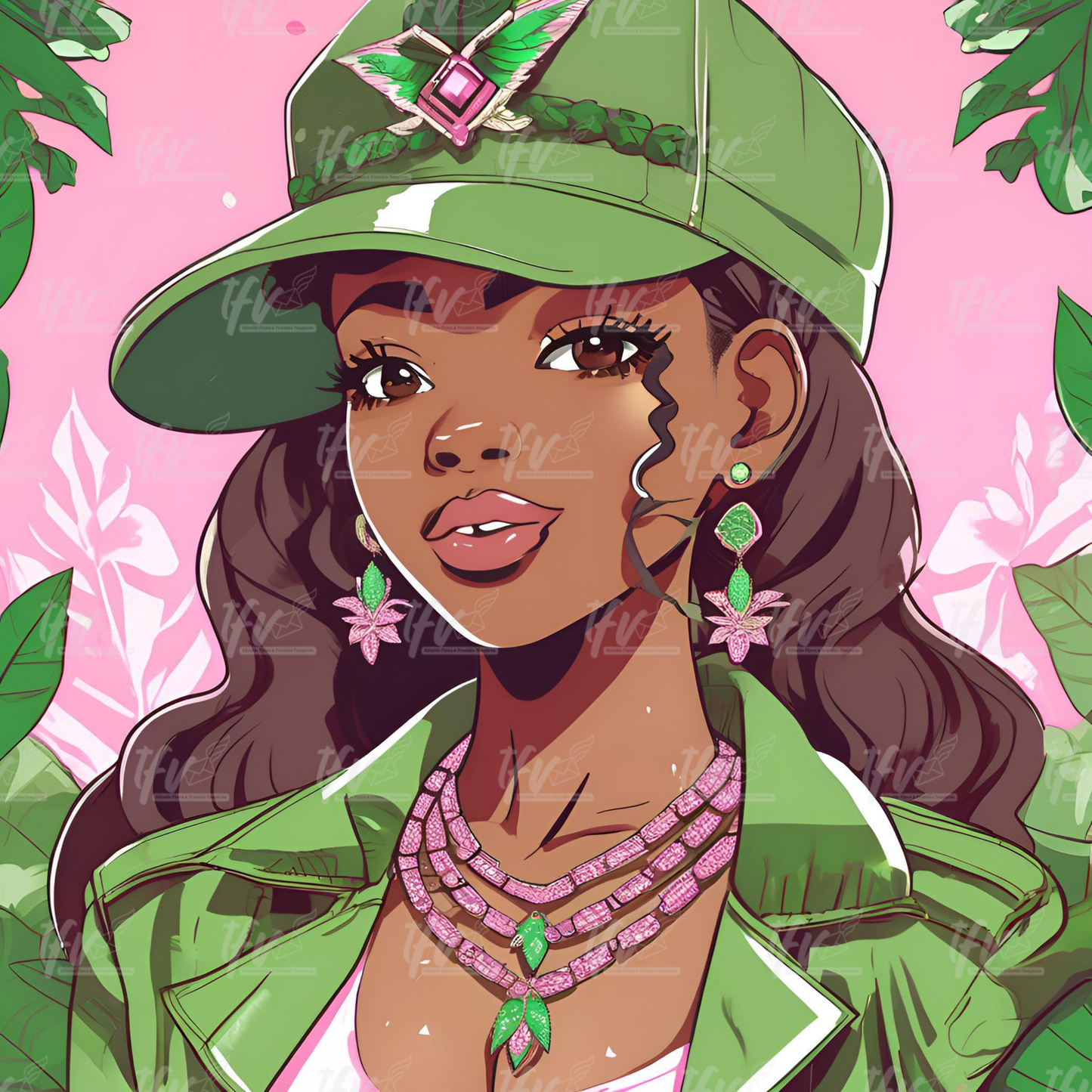 AKA Sorority Woman Green Hat Digital Illustration