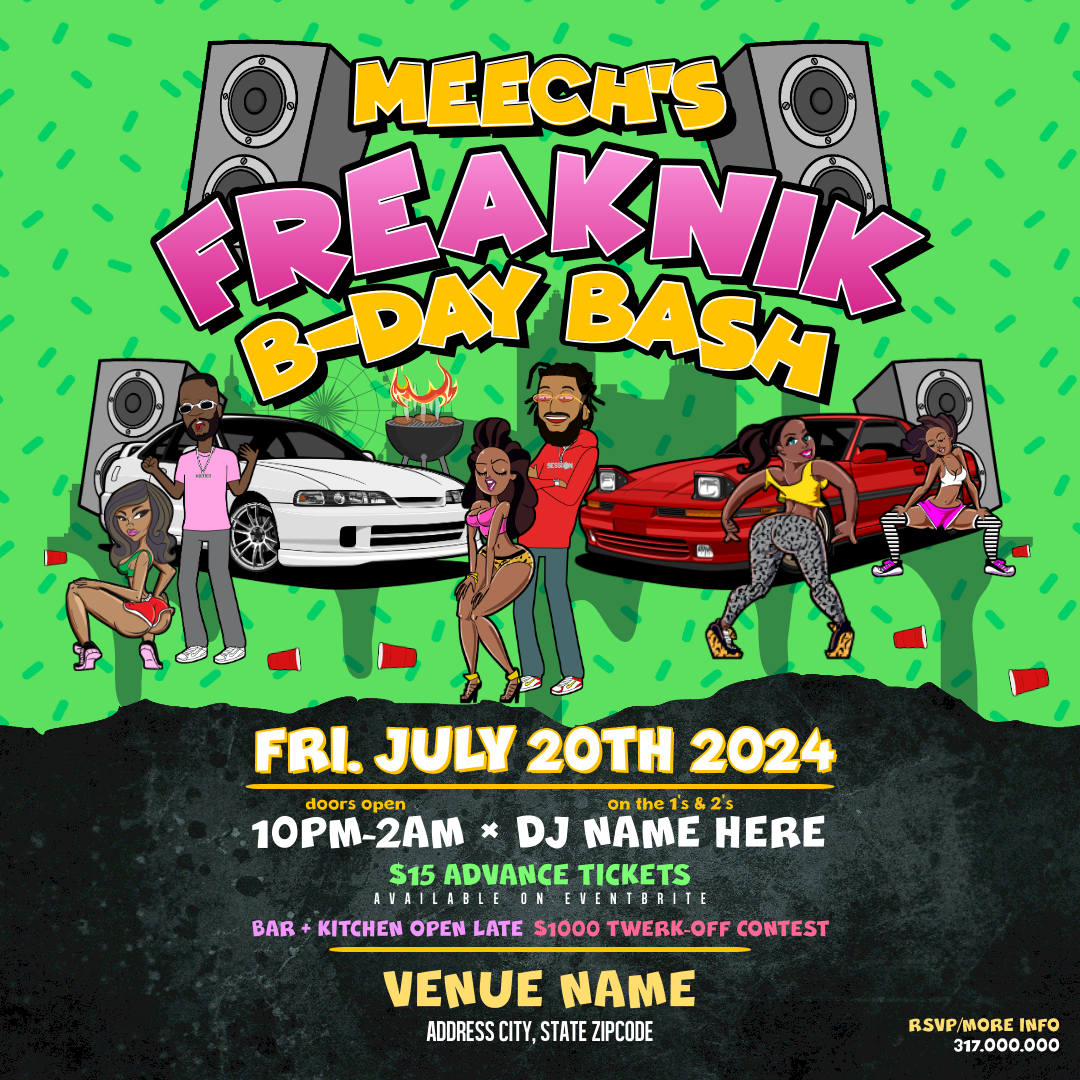 Freaknik Birthday Bash Party Flyer Editable Template (Green)