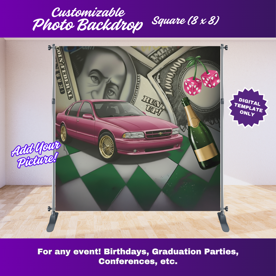 Editable 90s Party Photo Backdrop Template | Money and Pink Car Event Banner | Canva