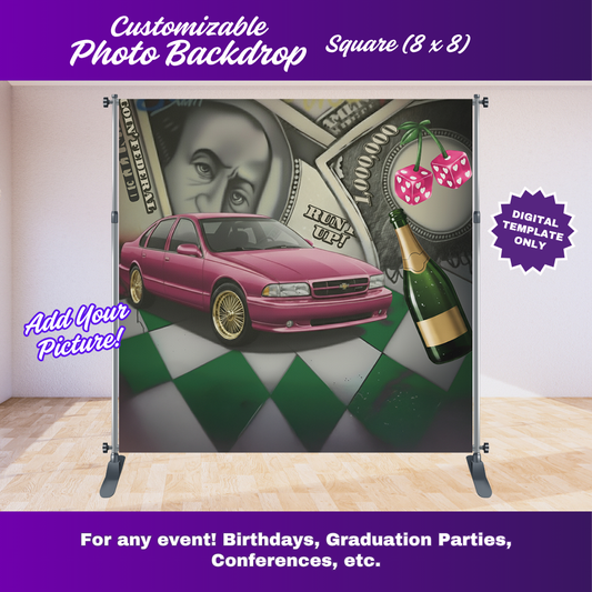 Editable 90s Party Photo Backdrop Template | Money and Pink Car Event Banner | Canva