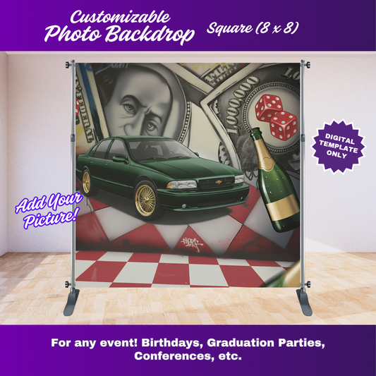 Editable 90s Party Photo Backdrop Template | Money and Car Event Banner | Canva