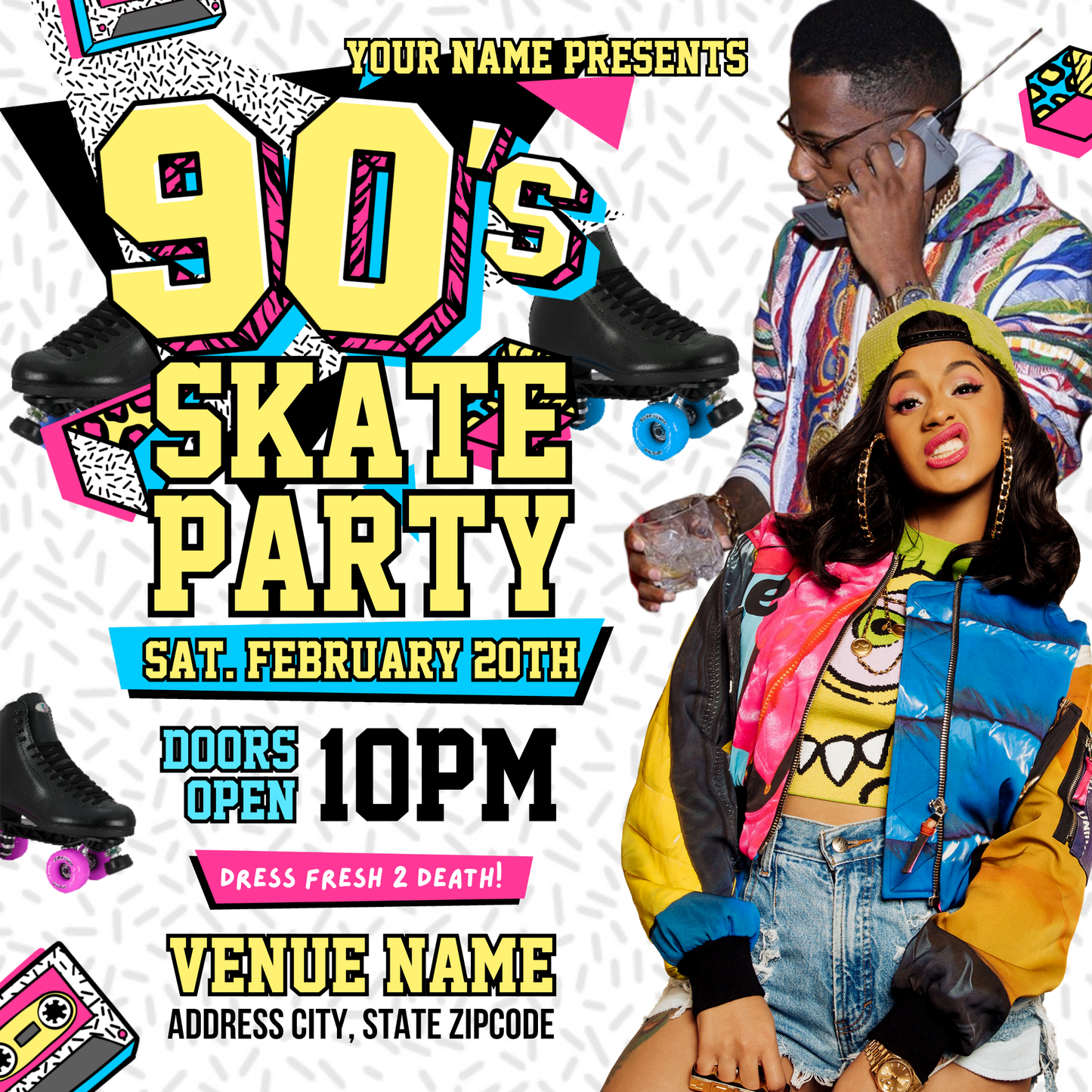 90s Retro Vibe Skate Party Flyer Editable Canva Template