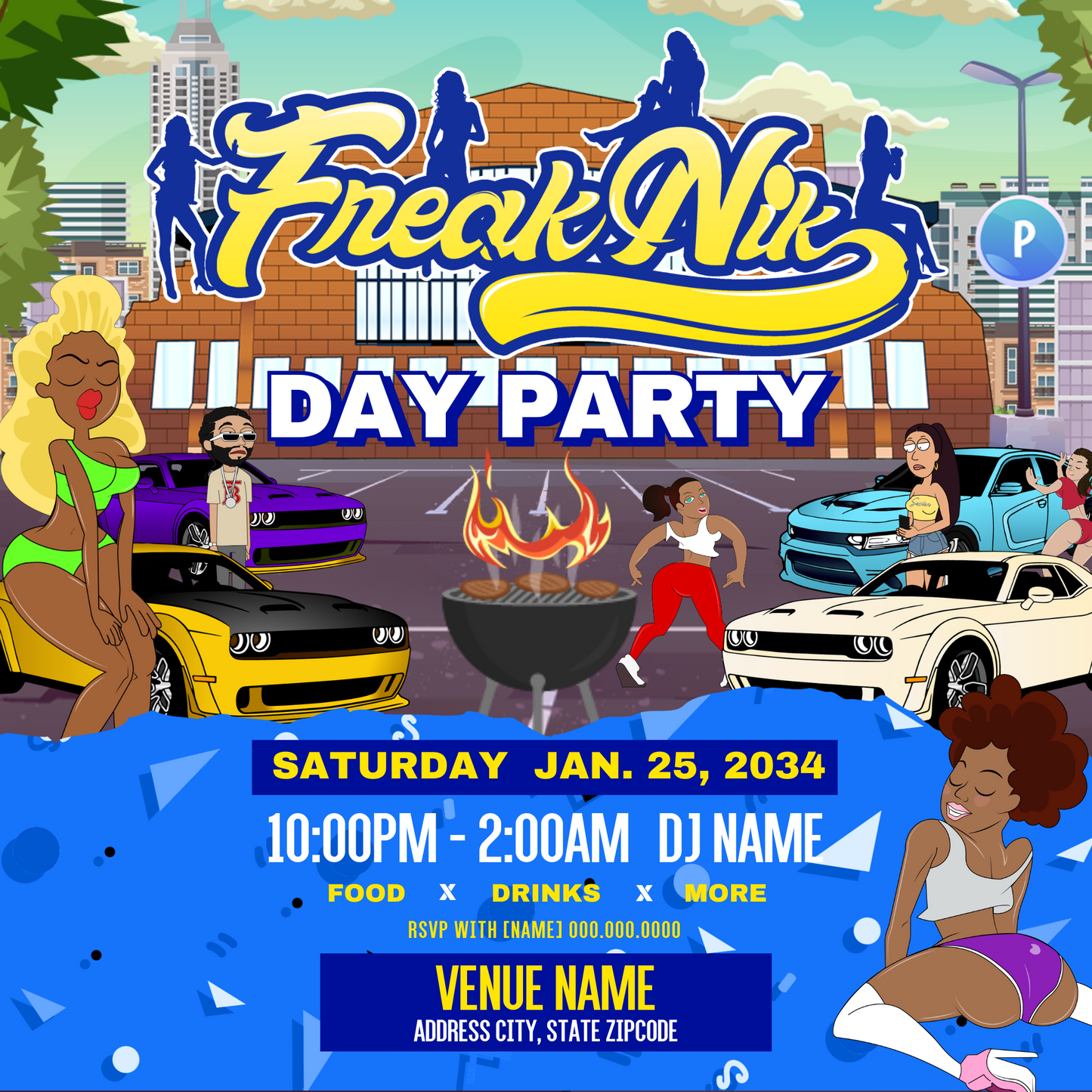Freaknik Day Party Flyer Editable Canva Template