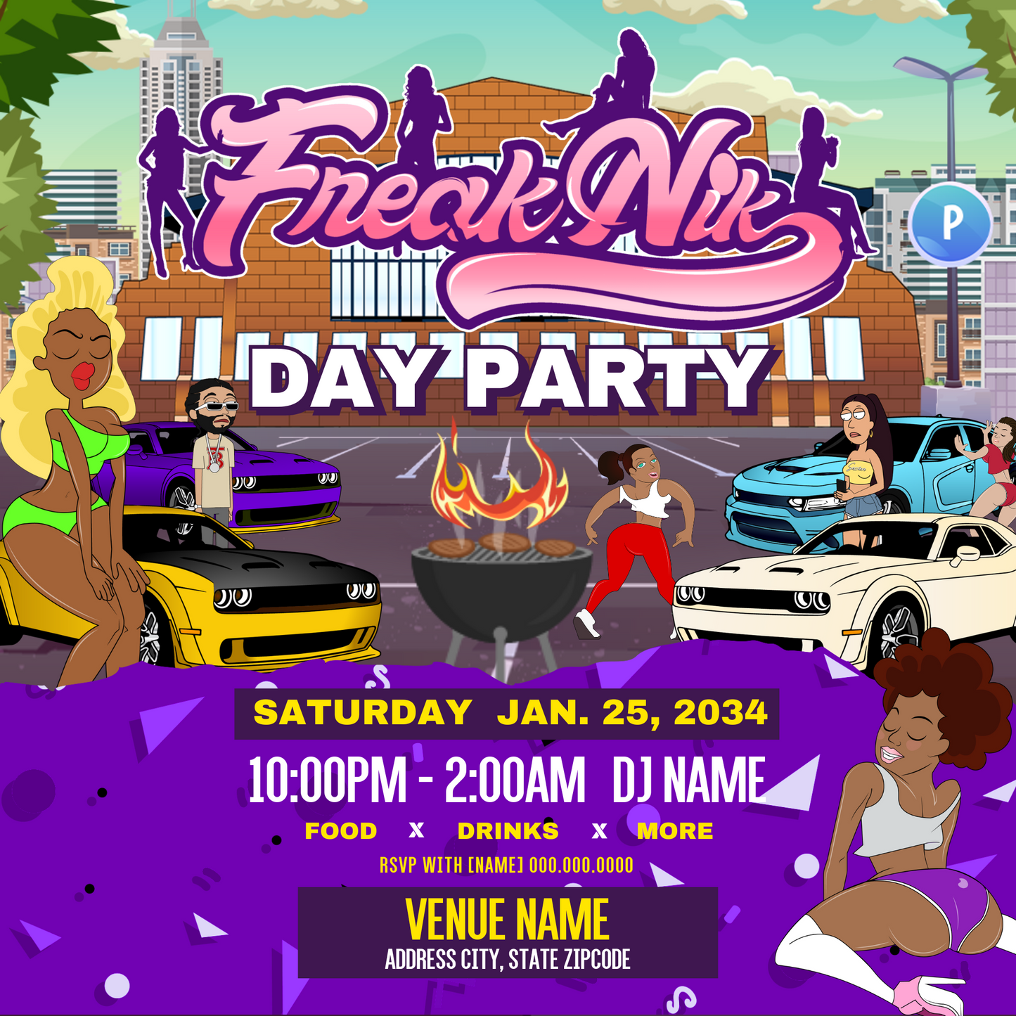 Freaknik Day Party Flyer Editable Canva Template