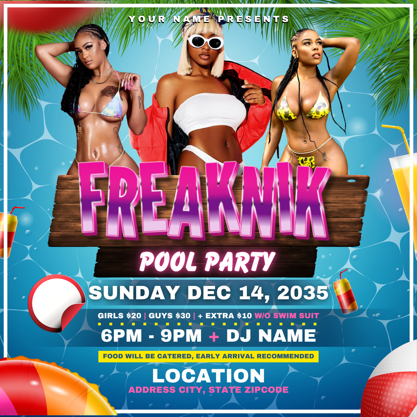 Freaknik Pool Party Flyer Editable Canva Template