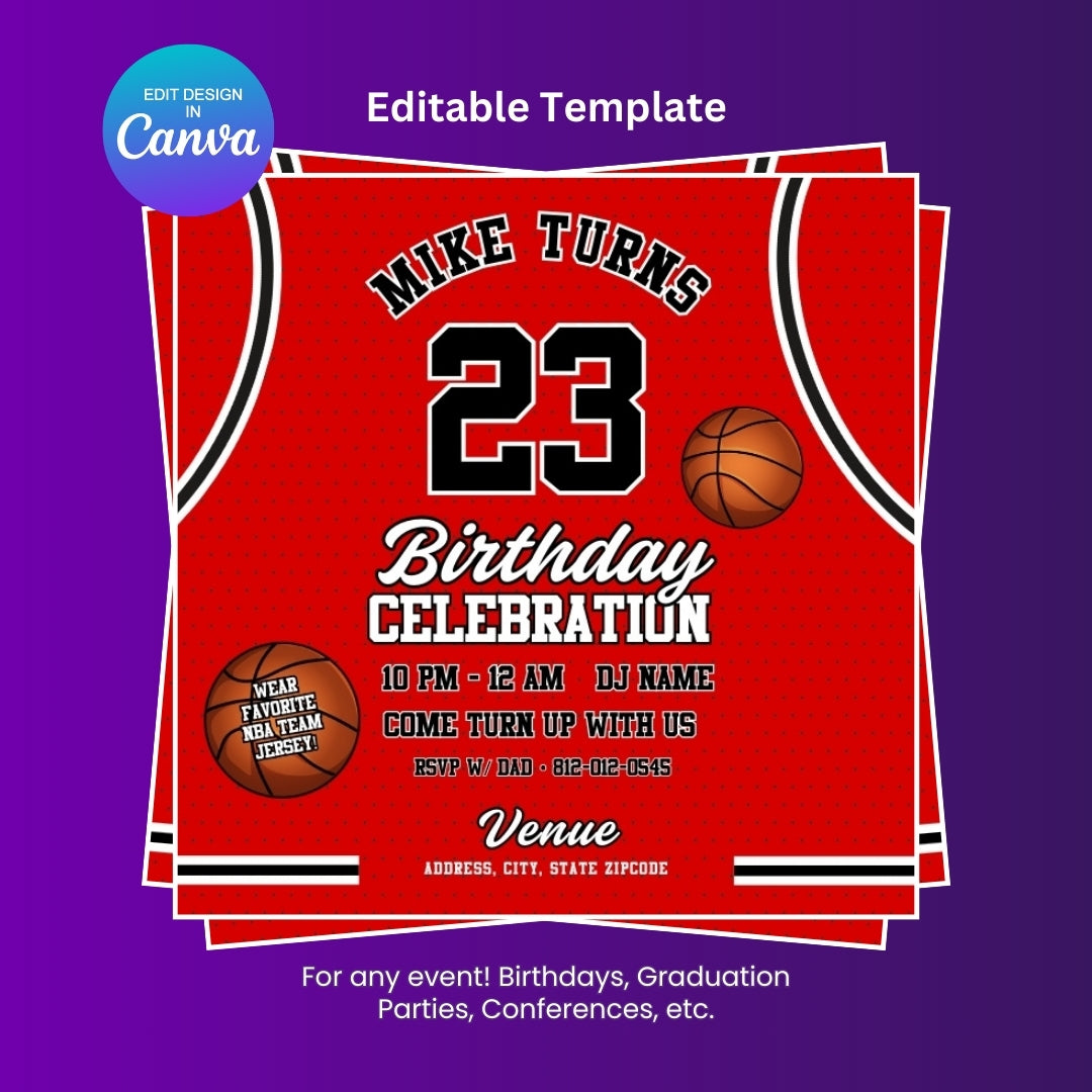 Bulls Basketball Birthday Flyer Editable Canva Template