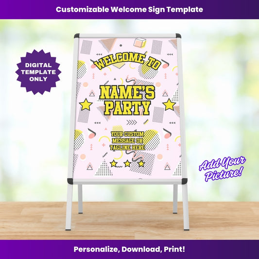 90s Abstract Pink Party Welcome Sign – Editable Template (Canva Design)