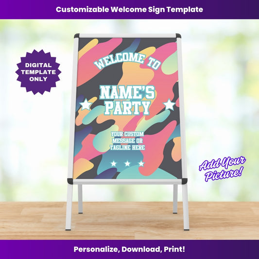 Abstract Swirl 90s Party Welcome Sign – Editable Template (Canva Design)