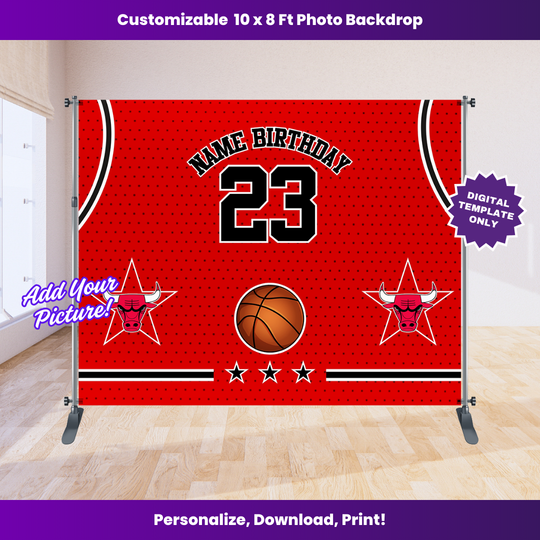 Bulls Basketball Birthday Backdrop Editable Template (10x8 ft)