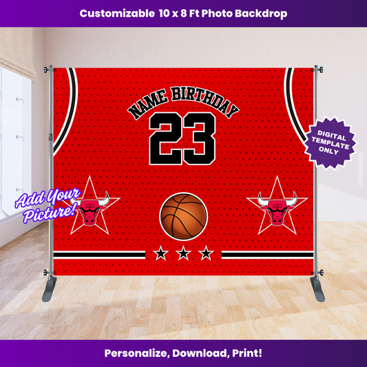 Bulls Basketball Birthday Backdrop Editable Template (10x8 ft)