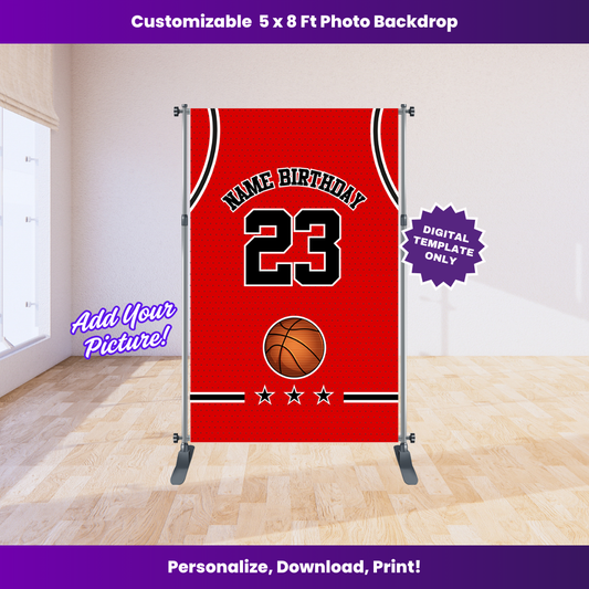 Red basketball jersey with customizable text on a photo backdrop stand.