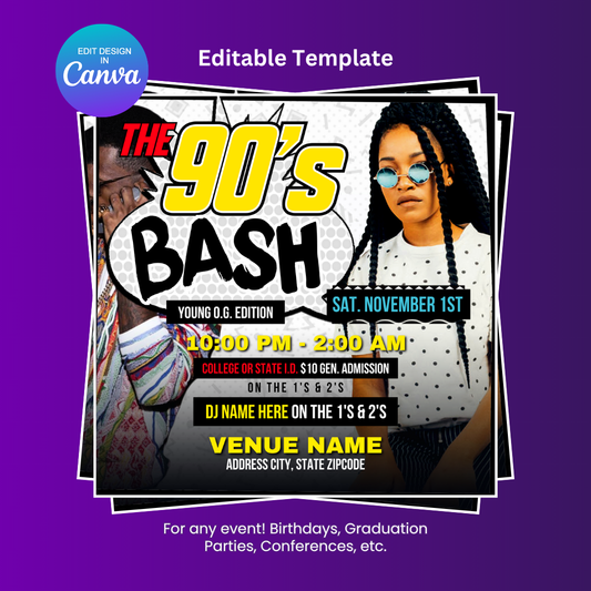 The 90's Bash Party Flyer Editable Canva Template