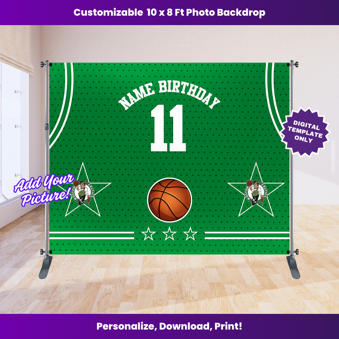 Celtics Basketball Birthday Backdrop Editable Template (10x8 ft)