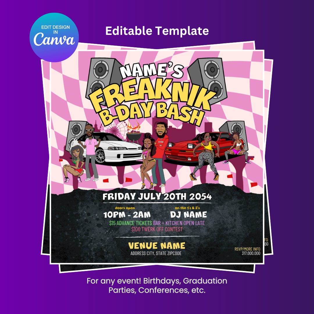 Freaknik Birthday Bash Party Invitation (Retro Squares) – Editable Canva Template