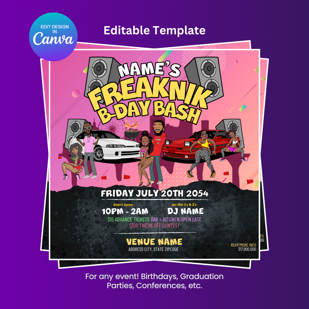 Retro Pink Freaknik Birthday Bash Party Invitation – Editable Canva Template