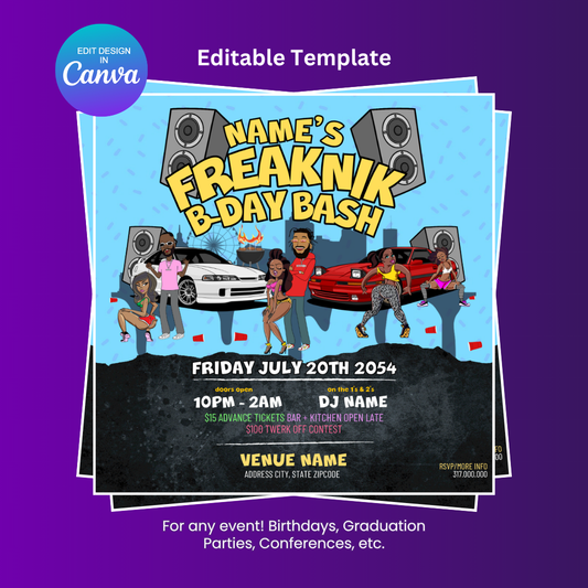 Freaknik Birthday Bash Party Invitation (Light Blue Background) – Editable Canva Template