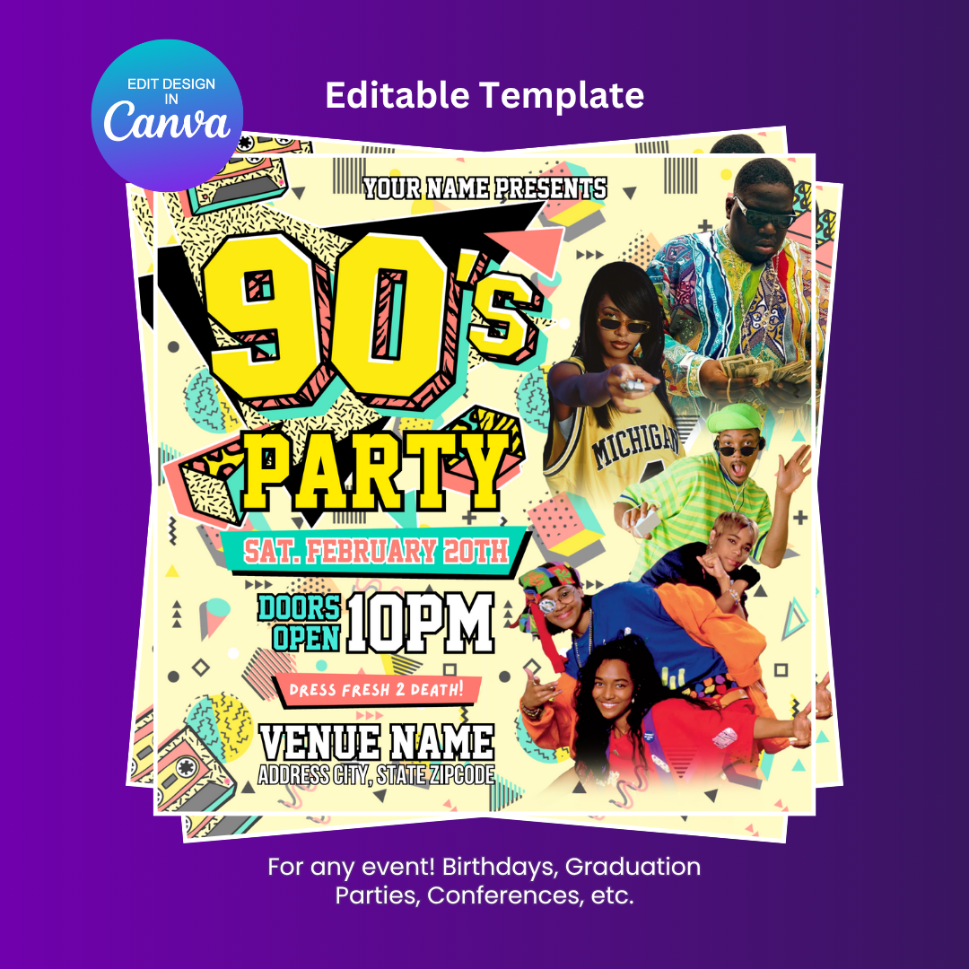 Fresh Prince 90's Party Flyer Editable Canva Template