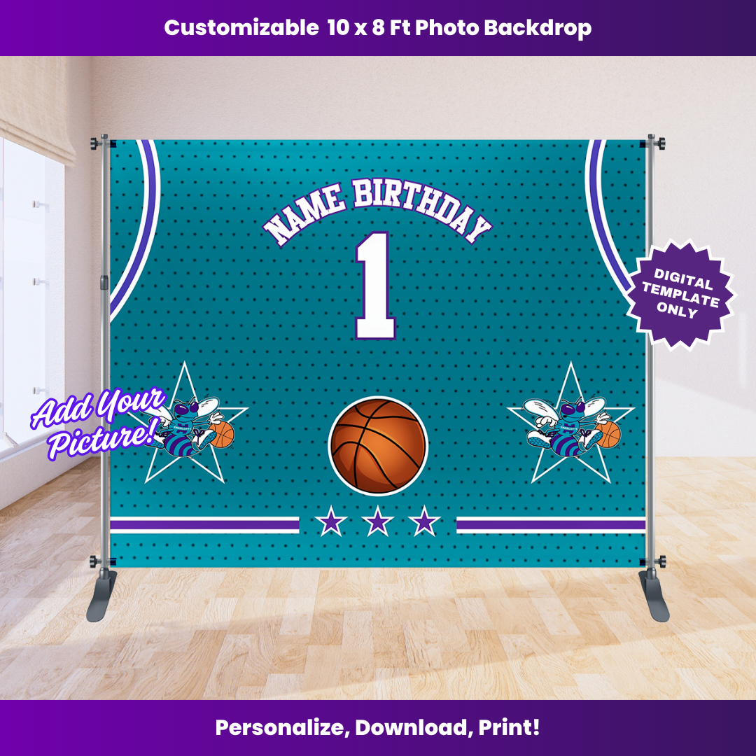 Hornets Basketball Birthday Backdrop Editable Template (10x8 ft)