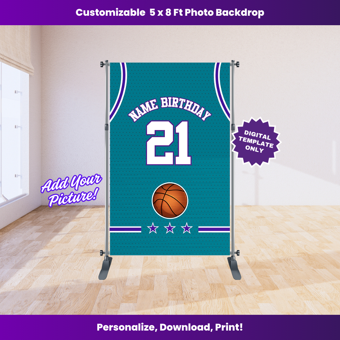 Customizable basketball jersey photo backdrop with teal color and number 21 on a wooden floor.