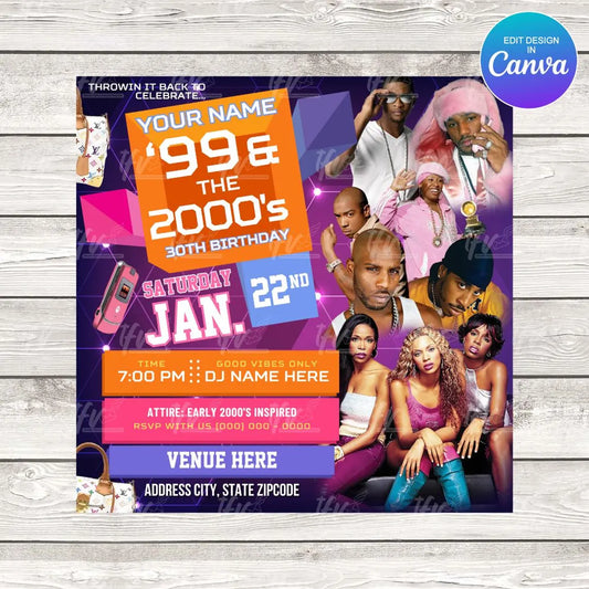 99 and the 2000s Birthday Party (Neon Purple) Flyer Editable Template