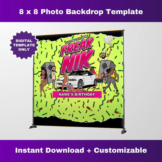 Green Freaknik Party 8 ft x 8 ft Photo Backdrop – Editable Template (Corjl Design)