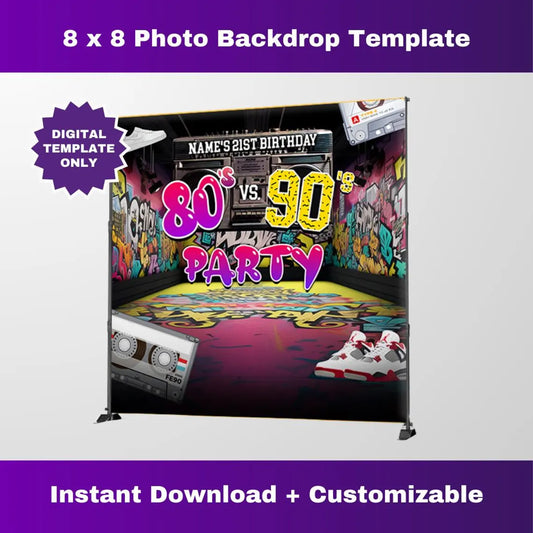 80s vs 90s Party Photo Backdrop Editable Template