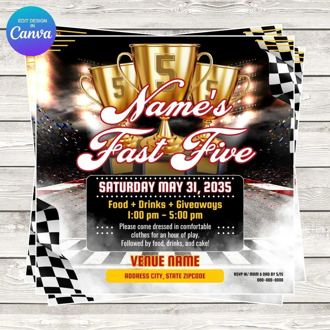 Fast 5 Racecar Theme Birthday Party Invitation – Editable Template (Canva Design)