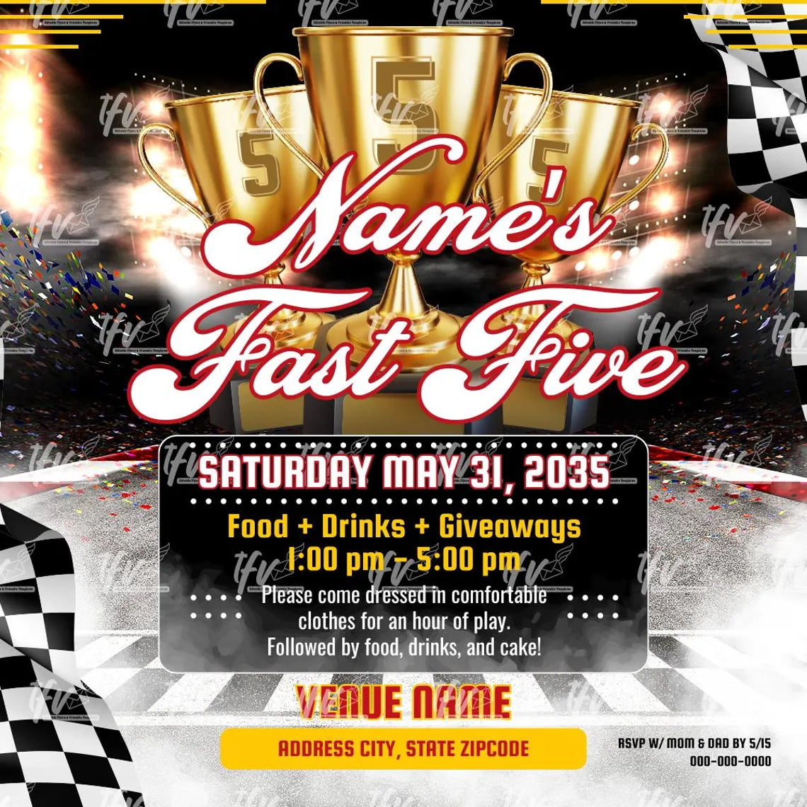 Fast 5 Racecar Theme Birthday Party Invitation – Editable Template (Canva Design)