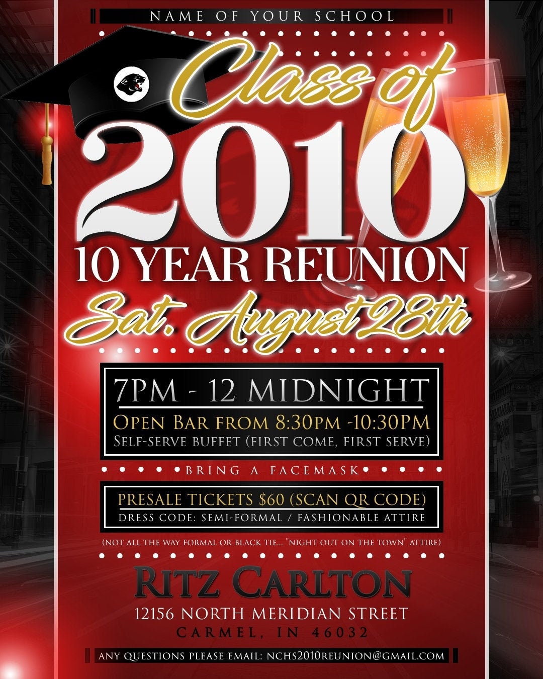 Class Reunion Flyer (Red and Black) Grad Party Flyer Editable Template