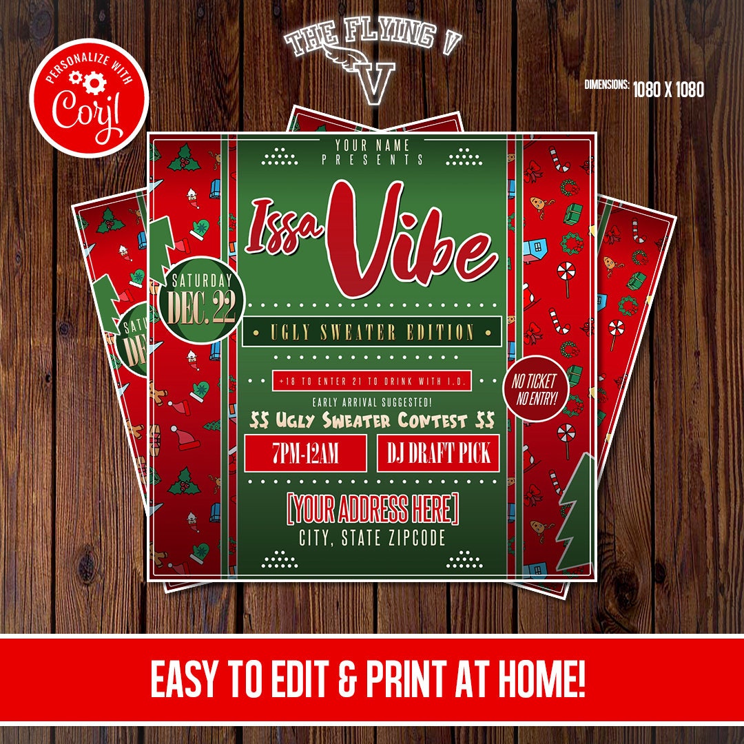 Issa Vibe Ugly Sweater Christmas Party Flyer Editable Template