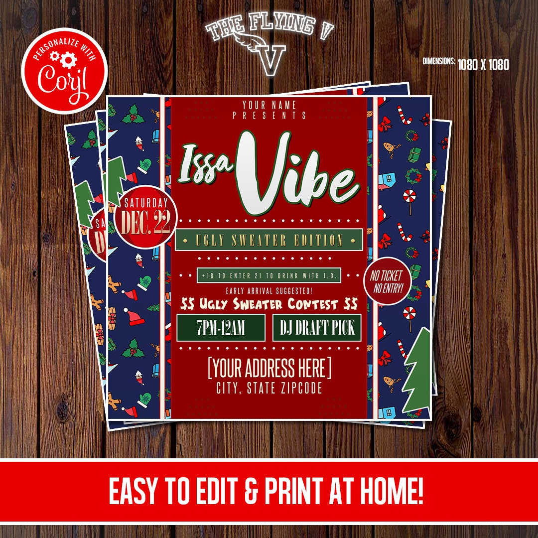 Issa Vibe Ugly Sweater Christmas Party Flyer Editable Template