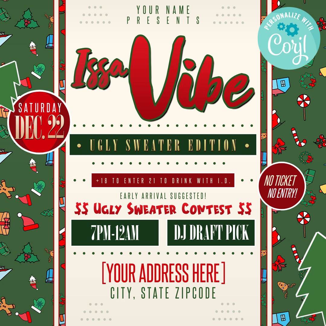 Issa Vibe Ugly Sweater Christmas Party Flyer Editable Template (Eggnog)
