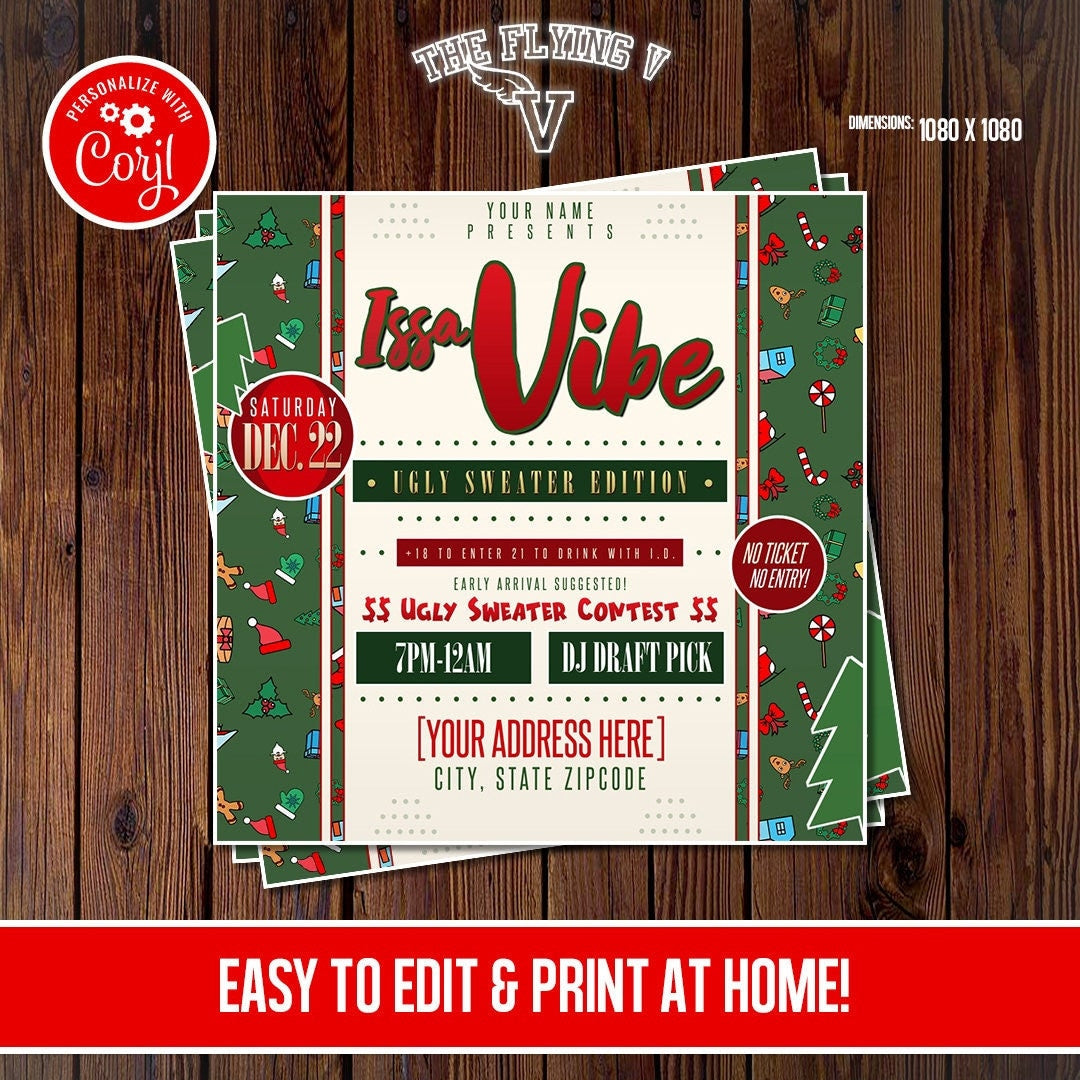 Issa Vibe Ugly Sweater Christmas Party Flyer Editable Template (Eggnog)