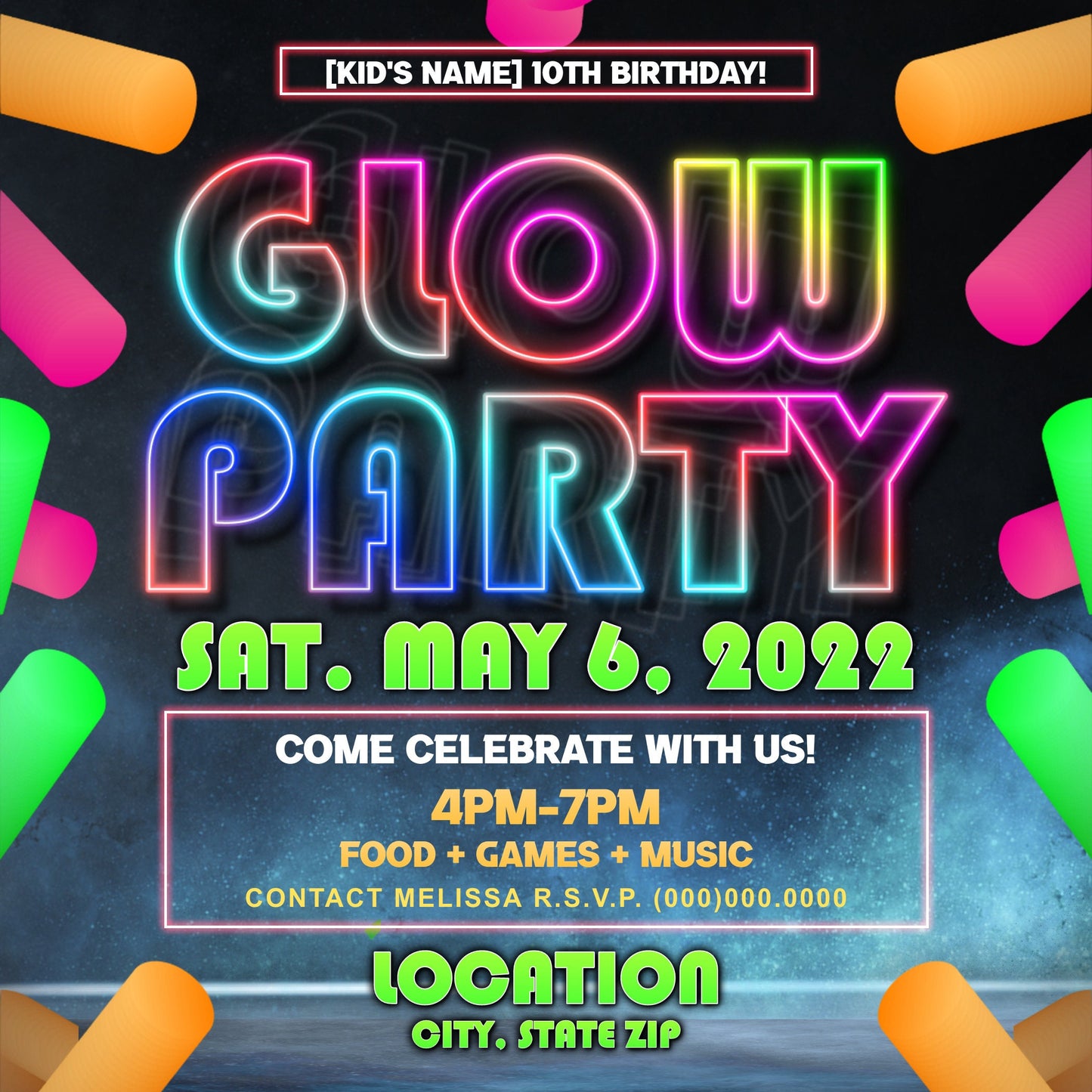 Glow Party Birthday Invitation – Editable Template (Corjl Design)