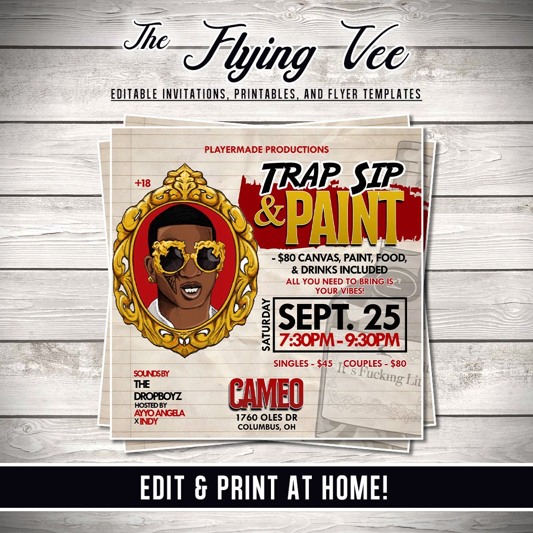 Trap Sip & Paint Party Flyer Editable Template