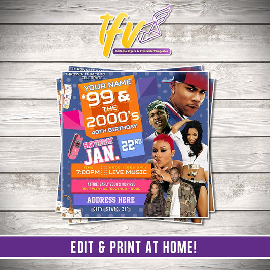 99 and the 2000's Birthday Party Flyer Editable Template (OG Purple)
