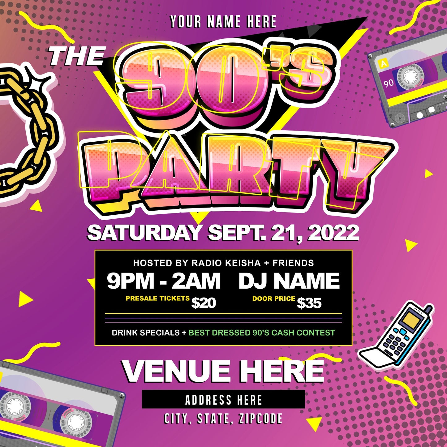 90s Party Invitation Editable Template (Electric Pink)