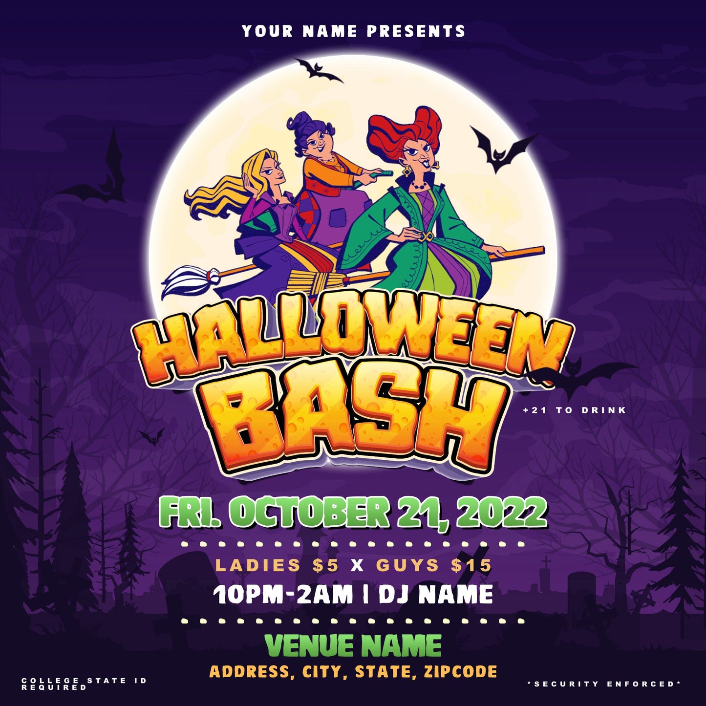 Hocus Pocus 3 Witches Halloween Party Flyer Editable Template
