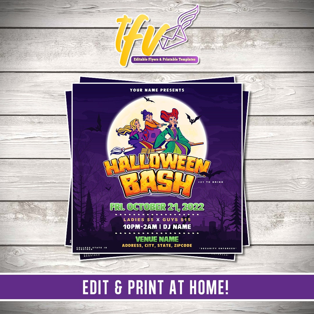 Hocus Pocus 3 Witches Halloween Party Flyer Editable Template