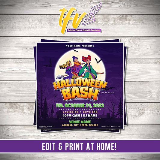 Hocus Pocus 3 Witches Halloween Party Flyer Editable Template