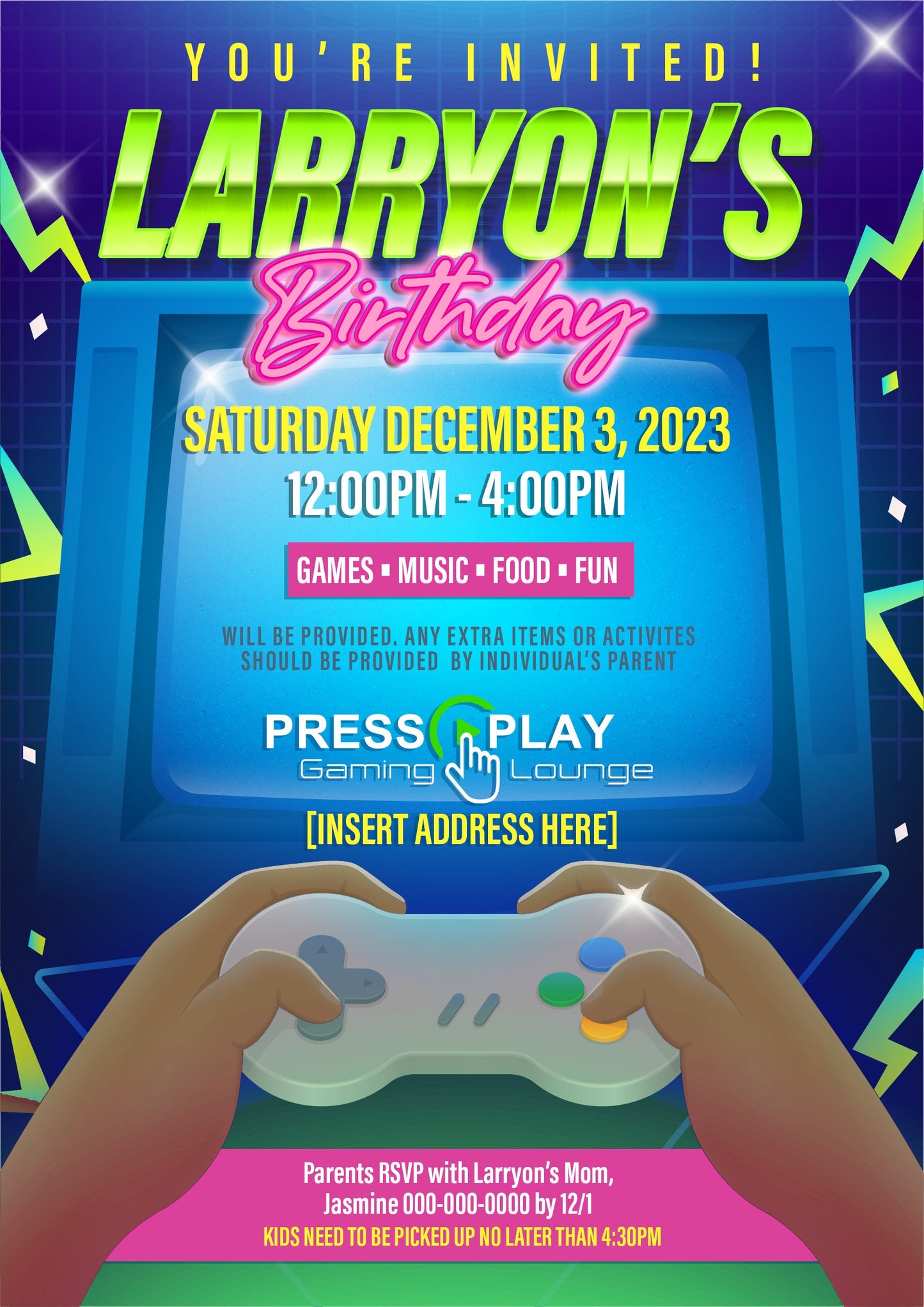 Video Gamer Birthday Party Flyer Editable Template