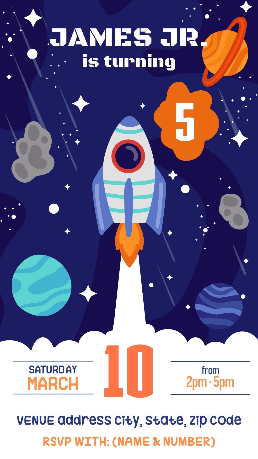 Space Rocket Birthday Party Invitation – Editable Corjl Template