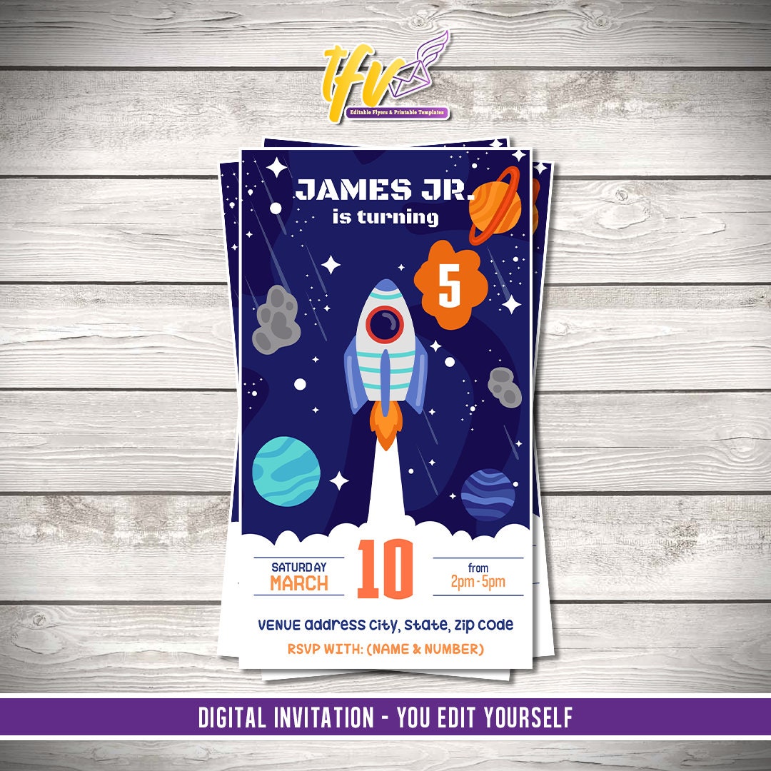Space Rocket Birthday Party Invitation – Editable Corjl Template