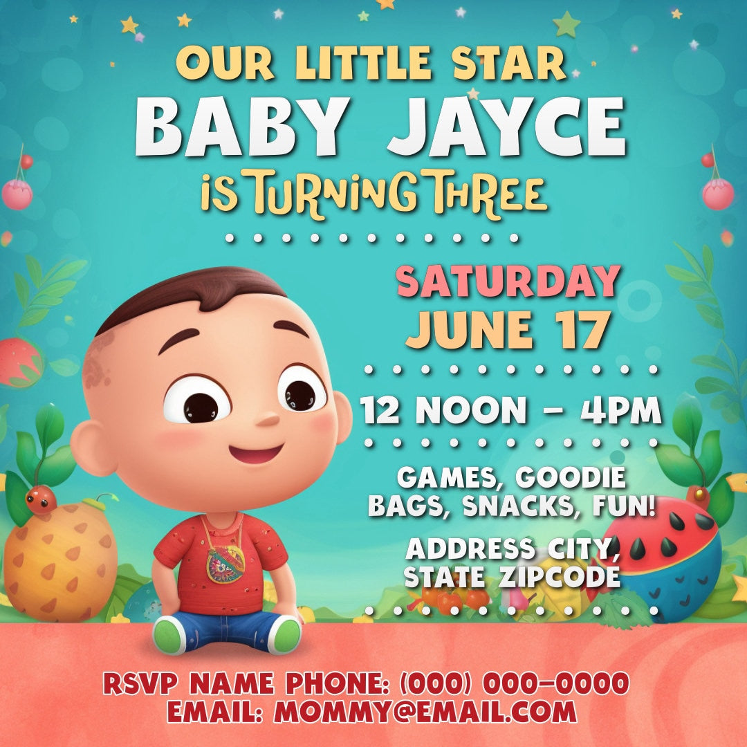 A colorful digital invitation for a baby's third birthday party featuring an animated character and party details.