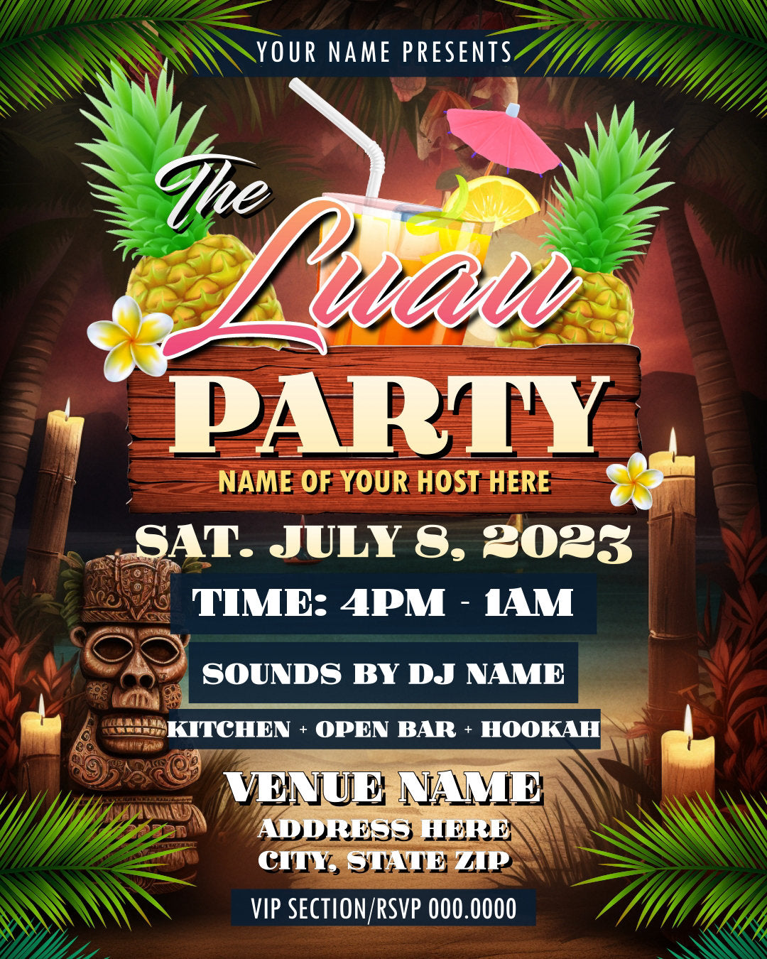 The Luau Party Flyer Editable Template (Beach Night)