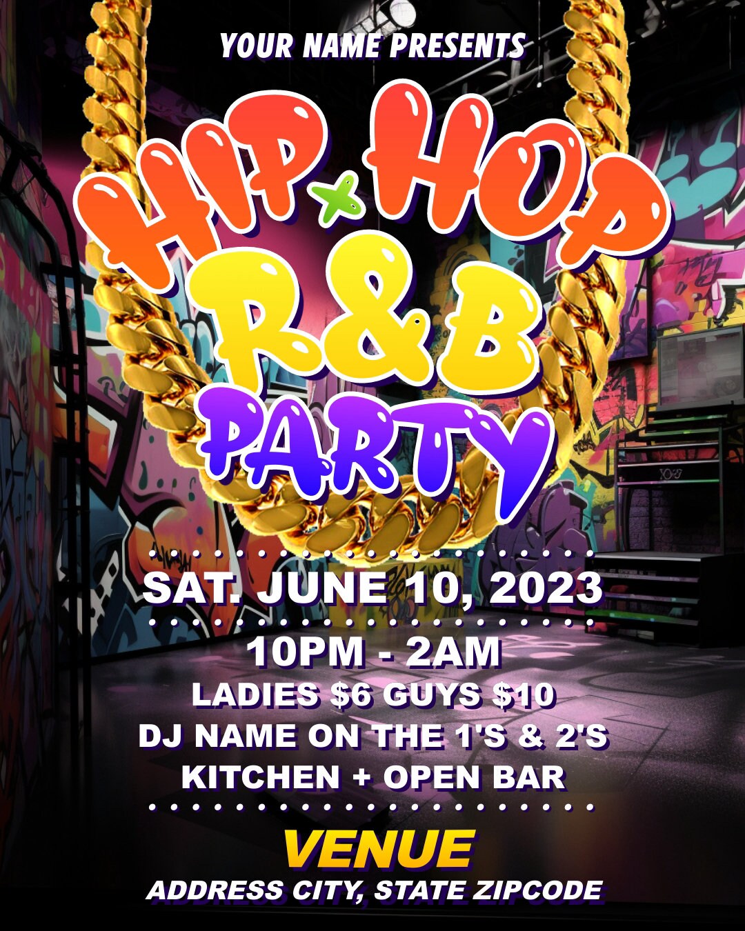 Hip Hop R&B Gold Chain Party Flyer - Editable Template