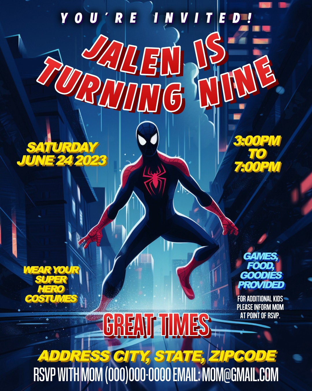 Spiderverse Birthday Party Flyer Editable Template
