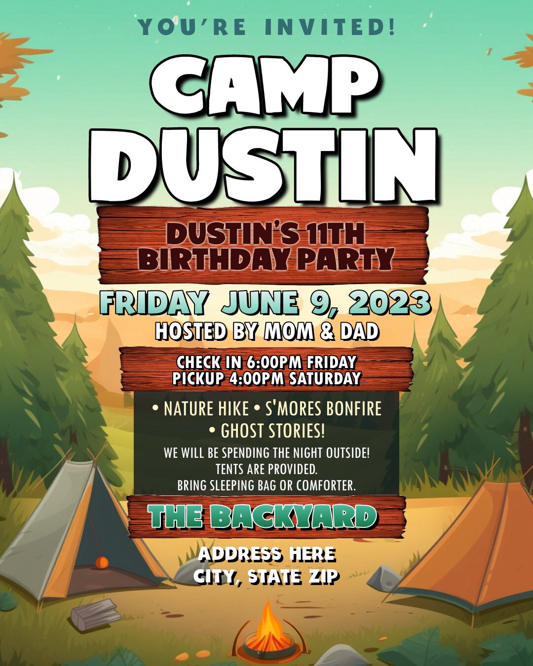 Camping Birthday Party Flyer Editable Template