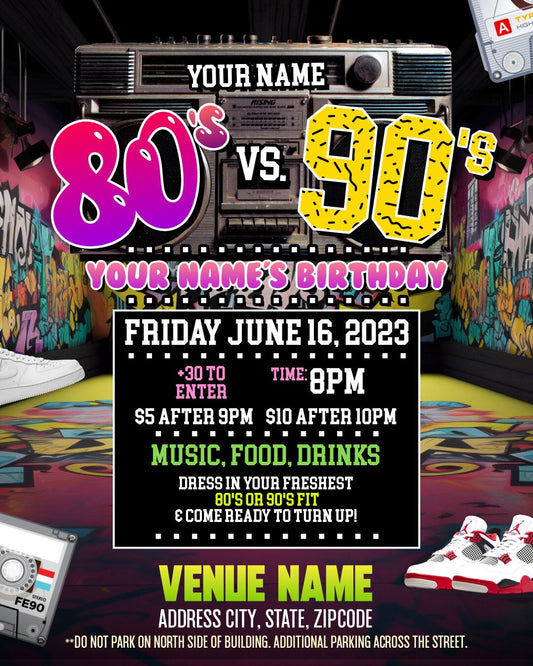 80's vs 90's Birthday Party Invitation – Editable Corjl Template